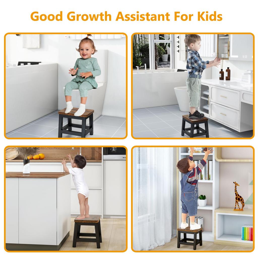 IBUYKE Step Stool, Step Stool, Footrest with Non-Slip Backrest, Wooden Chair for Kids, Bedroom, Bathroom, Living Room, Kitchen, Brown, 25.5cm Deep,