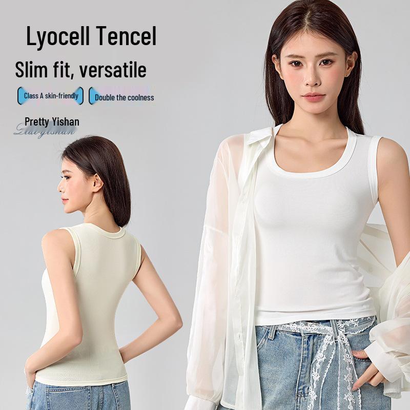 Tencel Lyocell Wide Shoulder Tank Top - Sleeveless, Cool, Skin-friendly, Versatile Base Layer (No Bra Pads).