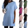 Women's Color Loose Shirts Short Sleeve Drawstring Hoodies Knit Side Slit Tunic Hooded Tops With Pocket