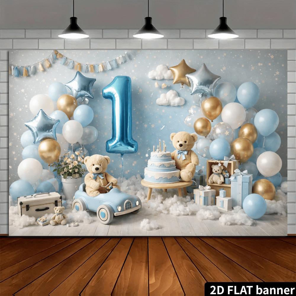 2D Plane 1st Birthday Party Background: Blue and Gold Teddy Bear Theme, Featuring Blue Number 1 Balloons