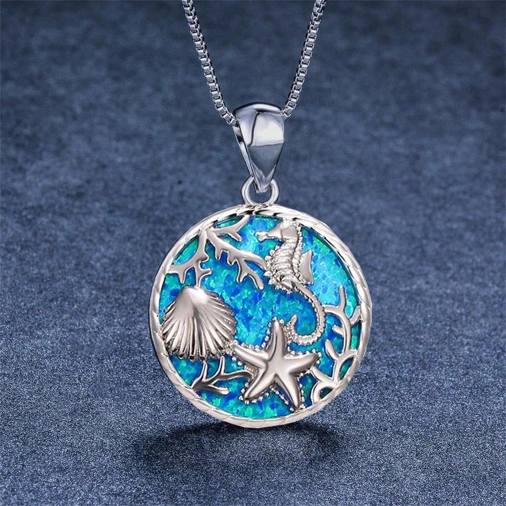 Fashion Love Heart Tree of Life Pendant Necklace For Women Inlay Blue Imitation Opal Necklace Wedding Jewelry Birthday Gifts