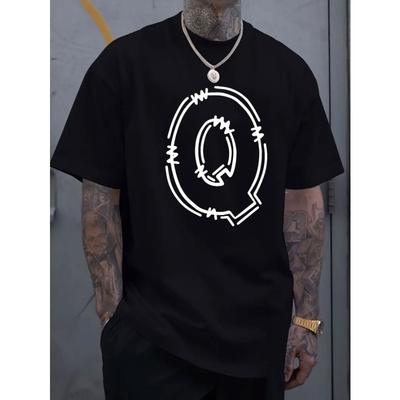 European Sizes Simple and Fashionable Q-letter Printed Men's Round Neck Short Sleeved T-shirt, Comfortable and Breathable Casual Sports Top