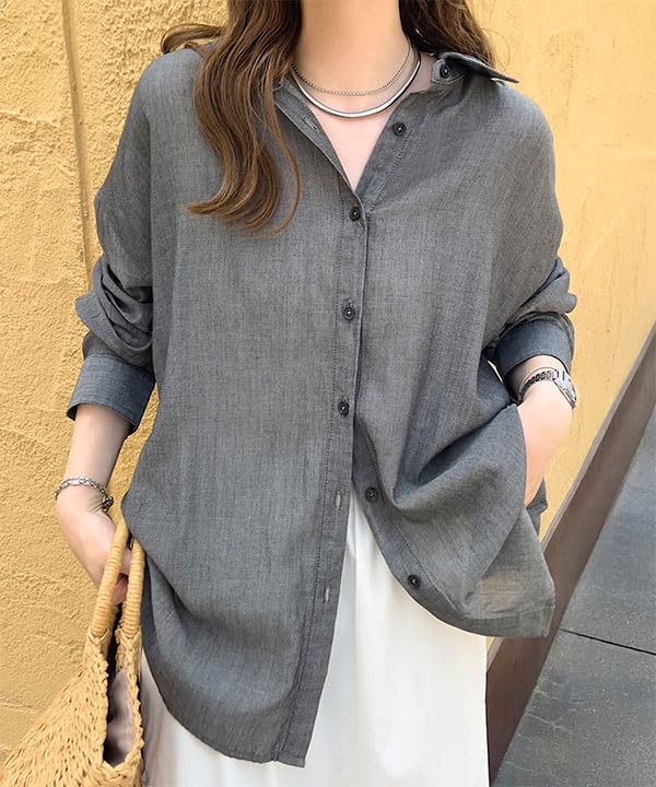 Kobe Lettuce Sheer Denim Long Perfect for and Elegant Perfect for Air Conditioning and Sun Light Blue Shirt, Sleeve, Layering, Casual, Styles,