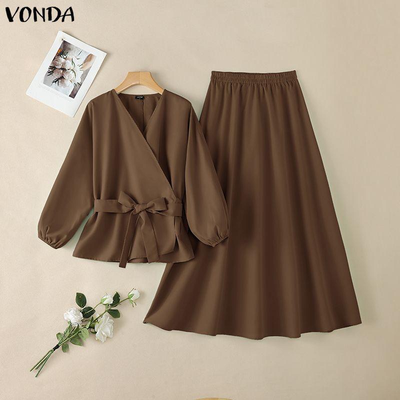 VONDA Элегантные женские наряды Блузка с длинным рукавом на шнуровке и юбки Повседневные комплекты из двух предметов M коричневый