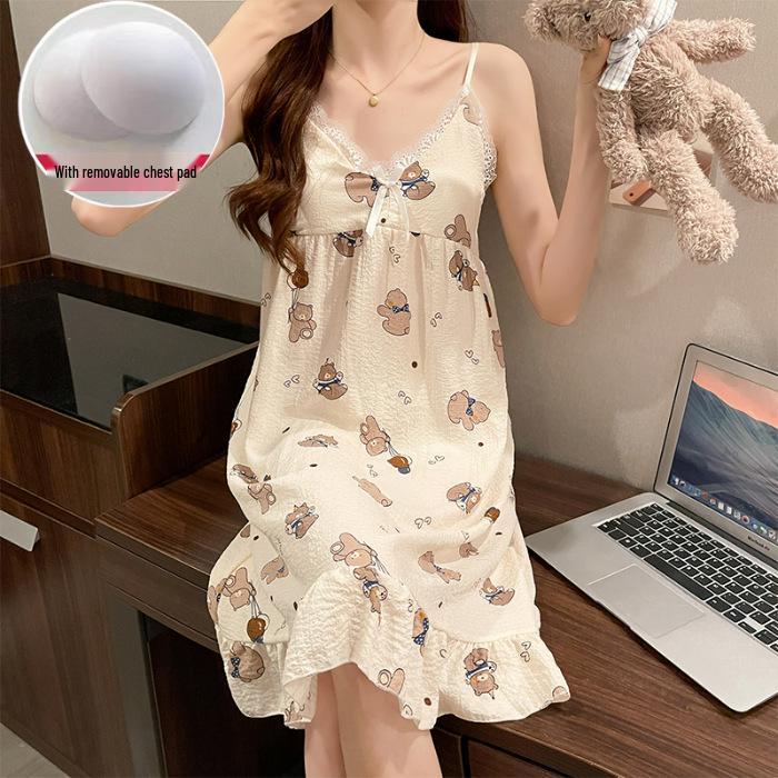 Summer V-Neck Nightdress with Chest Pads - Sexy Bubble Cotton Spaghetti Strap Style: Loose Fit Homewear for Women