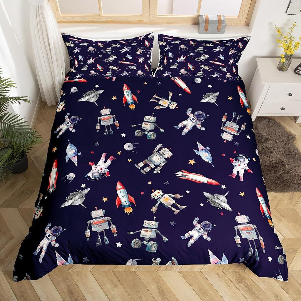 Three-Piece Space Astronaut Pattern Printed Duvet Set Suitable For Children'S Bedroom Decoration
