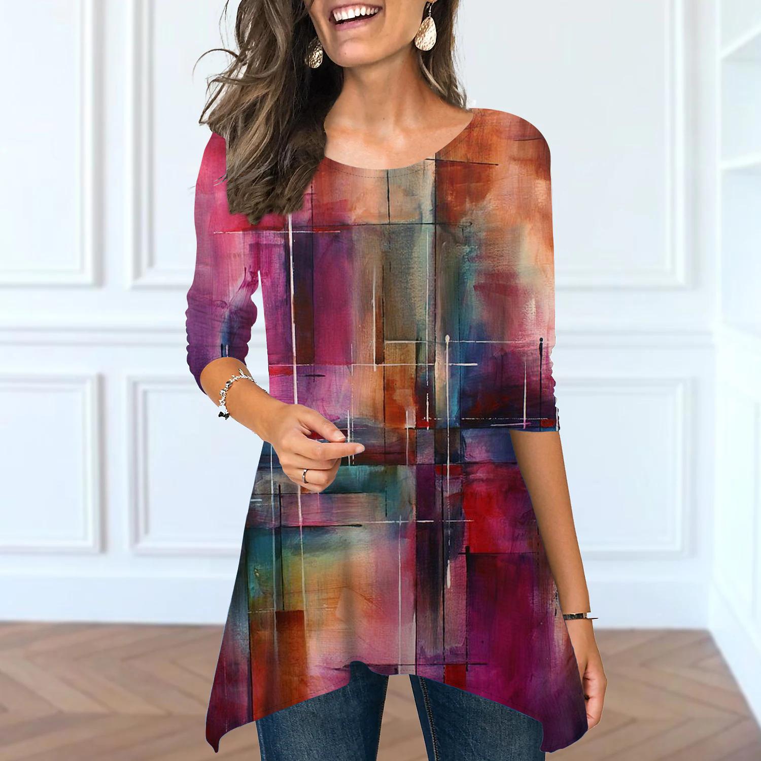 

Женские весенние топы с круглым вырезом и принтом крестов, модные футболки с длинным рукавом и неровным низом 8XL оранжевый