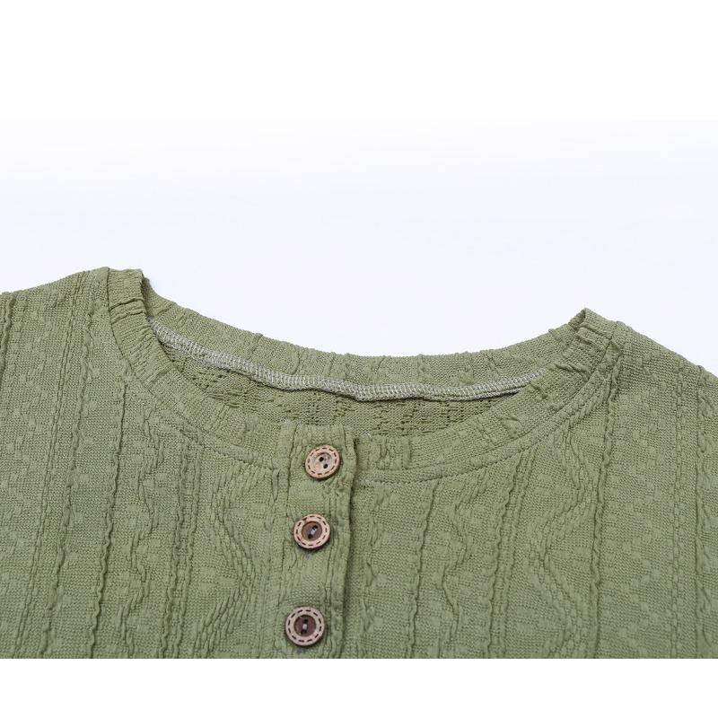 Spring and Autumn Women's Knit Blouse Round Neck Casual Top Green Button Tee Jacquard Long Sleeve Blouse