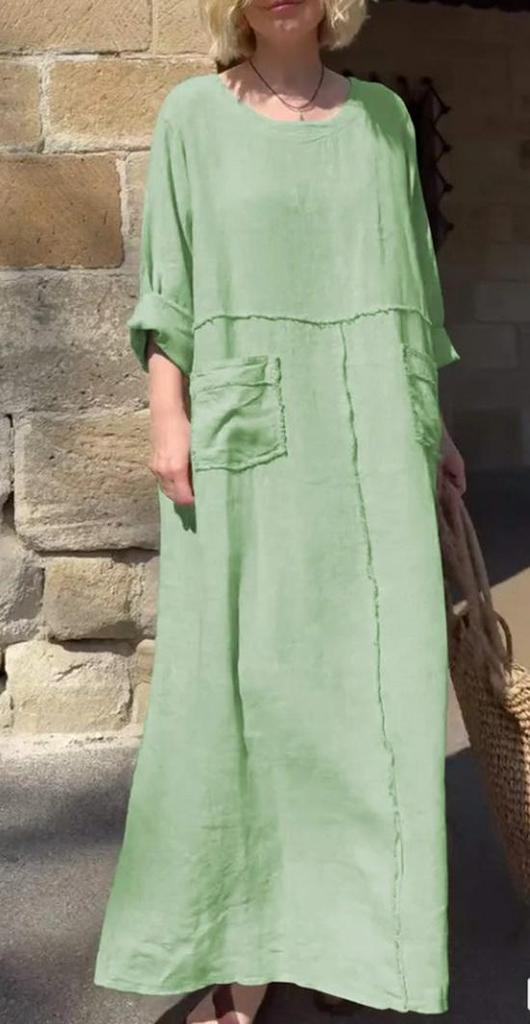 2024 Summer Women's Solid Color Cotton & Linen Dress with Pockets