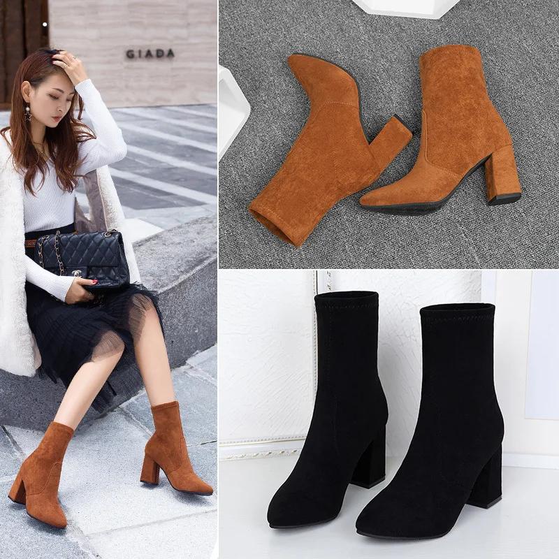 Classics Women's Boots Ankle Flock Fashionable Pointed Wearing Outside Autumn Winter New Item for Warmth Square Heel Women Shoes