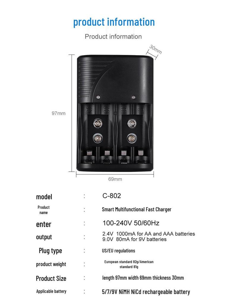 Universal Smart Rapid Charger for 5-9V Ni-MH Batteries with Auto Green Light