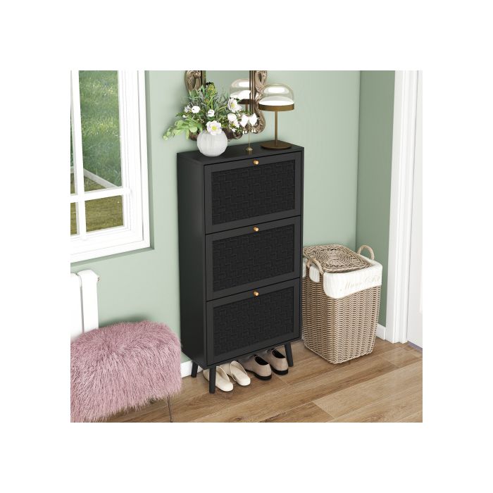 Meuble à chaussures - MUVOE - Noir - 3 niveaux - Design bohème - Pieds en bois de pin