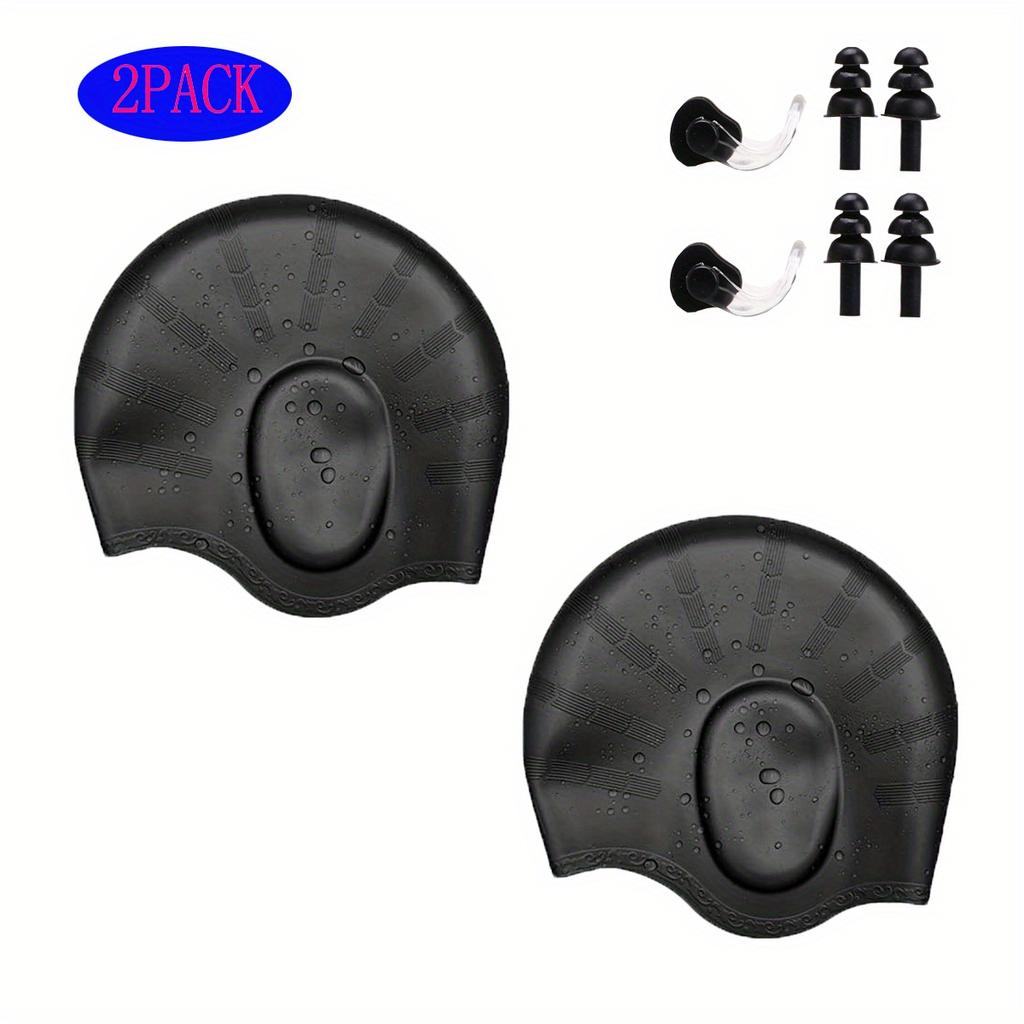 2pcs Silicone Swim Caps with Waterproof, 3D Fit Design for Men & Women with Long Hair, Includes Black & Blue Caps + Earplugs