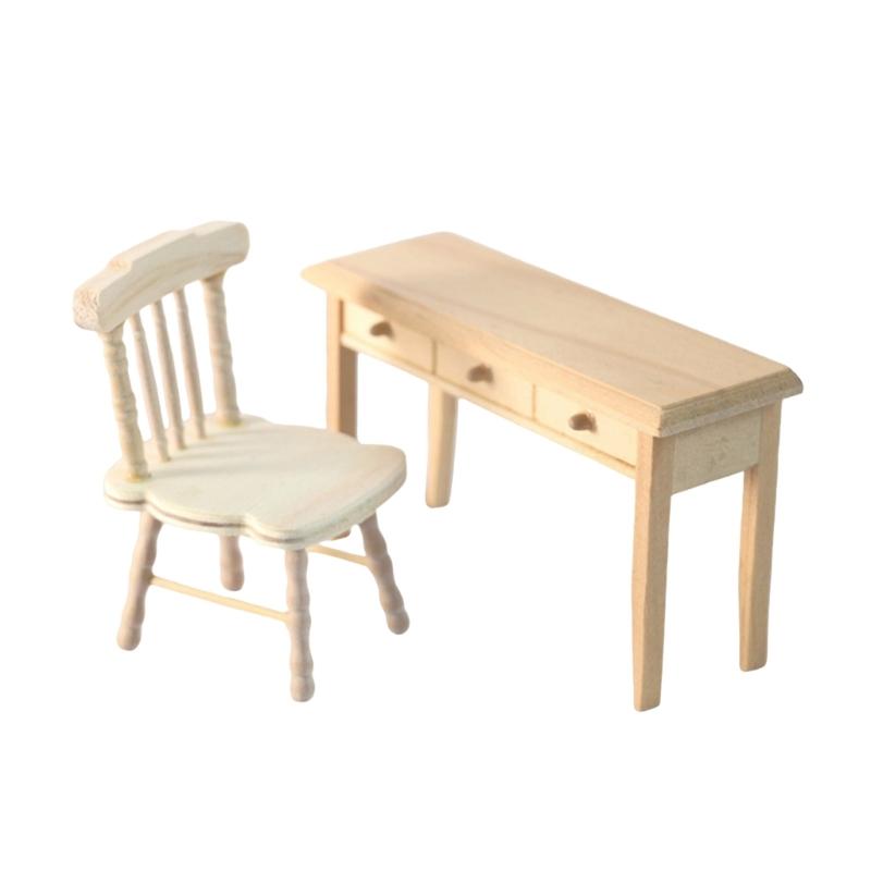 

Natural Wood Doll House Furniture Unpainted Miniature Study Chair Desk Set For Creative Kids Pretend Play Customization 1