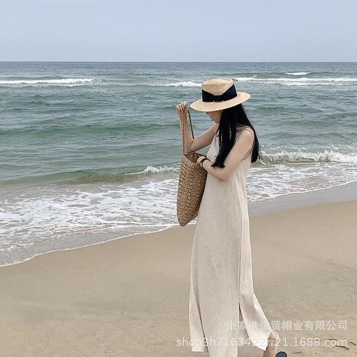 New wide webbing decorative ring top treasure grass top hat summer outdoor travel sun protection beach flat top straw hat