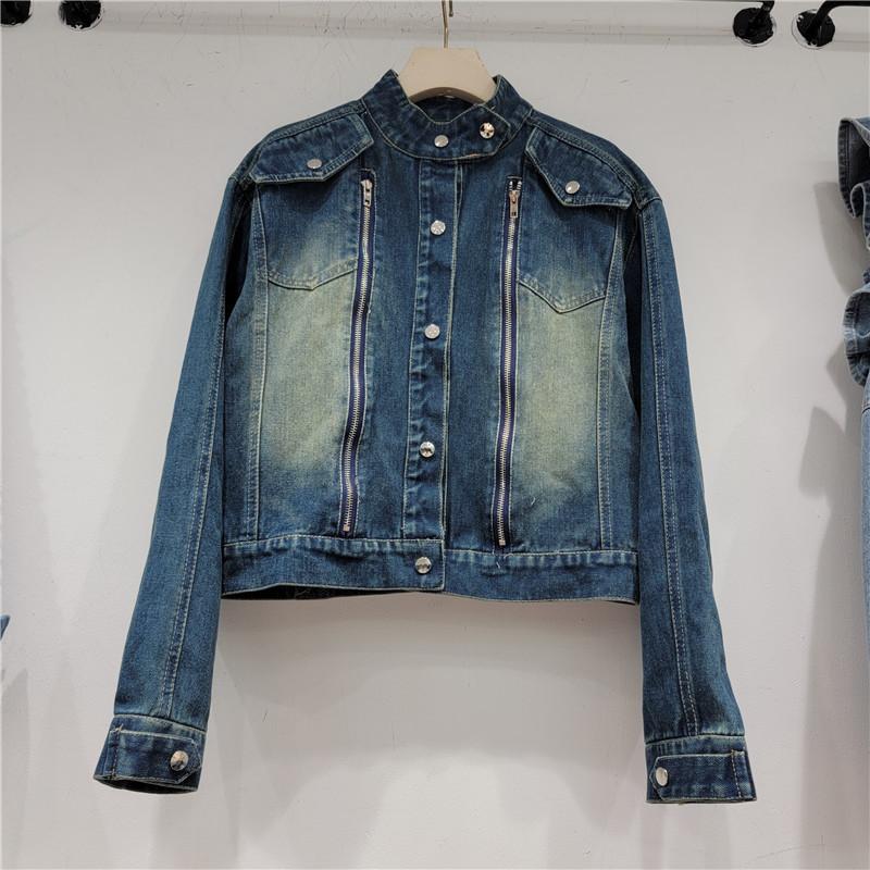 Hong Kong style retro autumn new heavy industry bead zipper design small versatile denim jacket trendy brand M синий