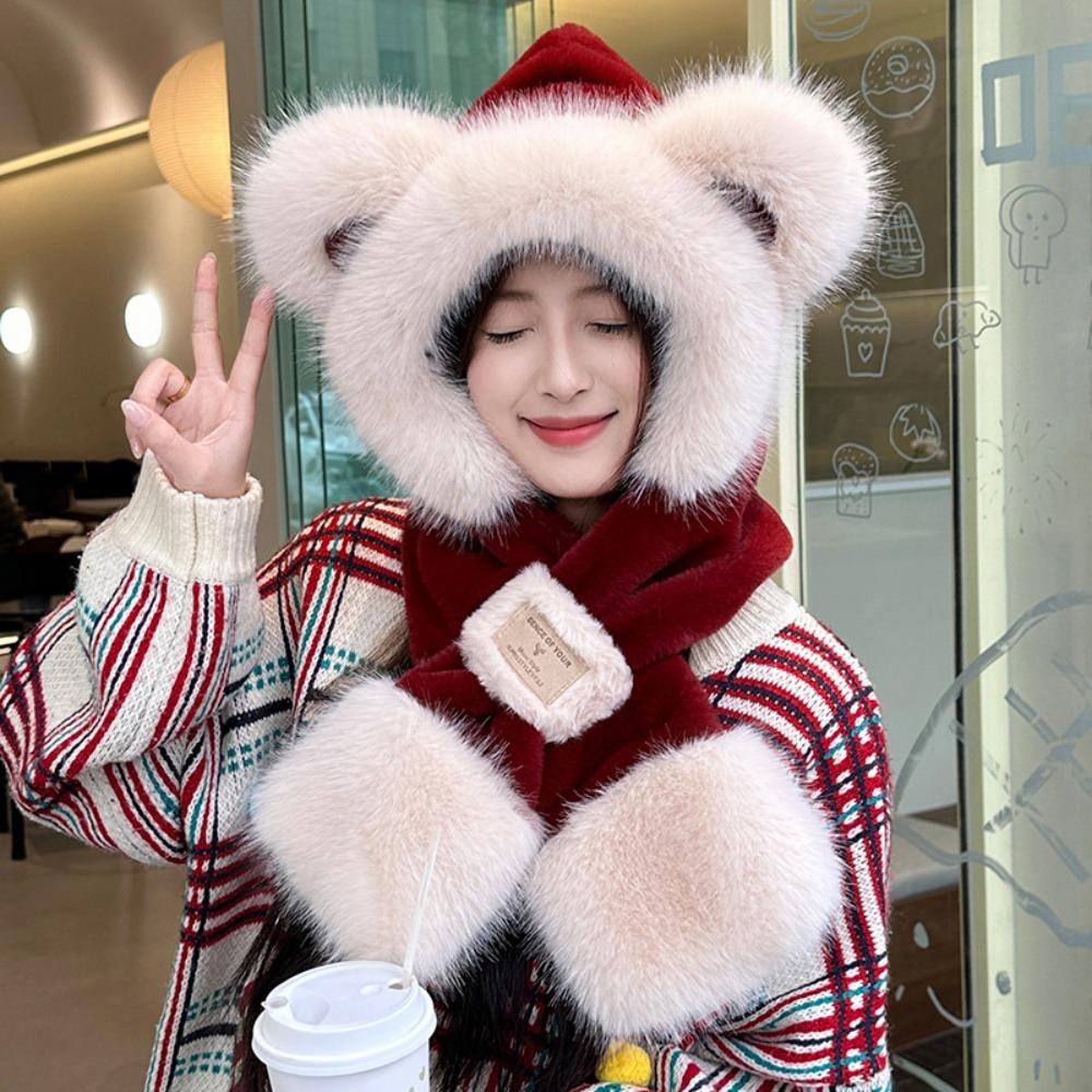 Two-Piece Set Plush Bear Hat Scarf Thickened Neck Warmer Hat Cute Ear Protection Hooded  Winter