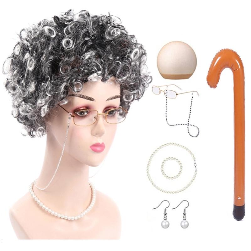 Altes Damen Kostüm für Mädchen Perücke Oma Brille Halskette 100 Tage Schule Kostüm Halloween Oma Kostüm Set
