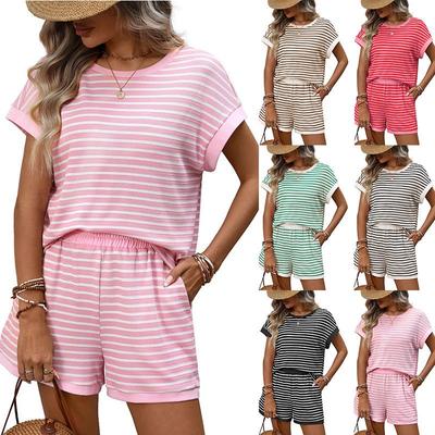2026 Summer Women's Fashion Round Neck Patchwork Short Sleeve Shorts Casual Two-Piece Set