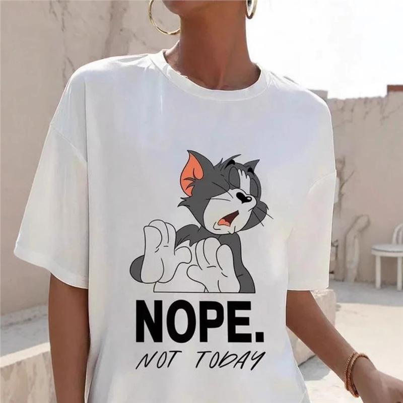 

Women s Summer Casual Anime Kitten Print Round Neck T-shirt Small белый