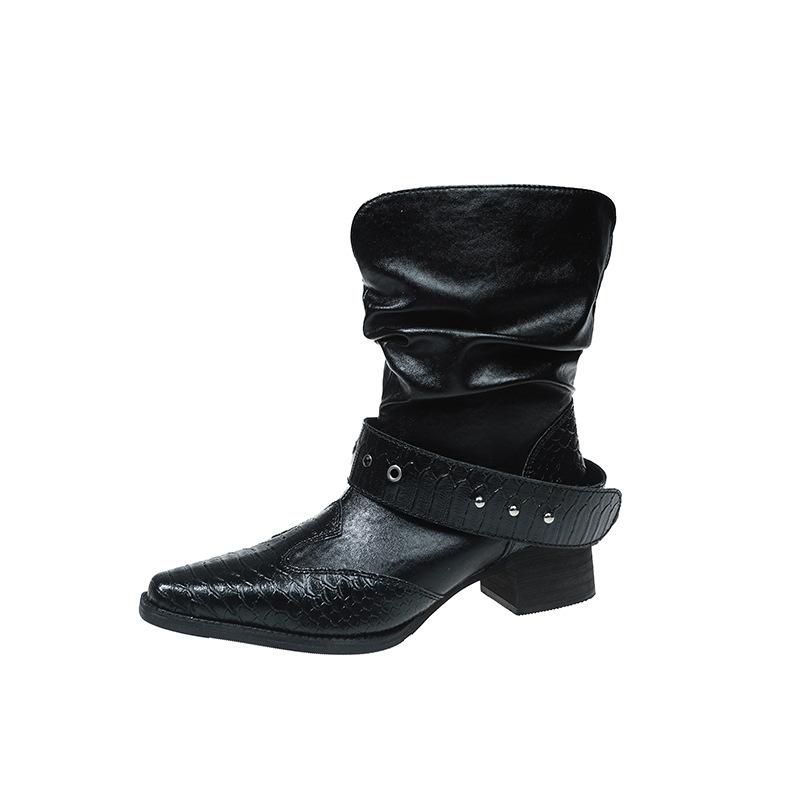 Retro Western Cowboy Boots Women's Brown Pointed Heel Belt Buckle Pile Boots Skinny Short Boots Premium Boots
