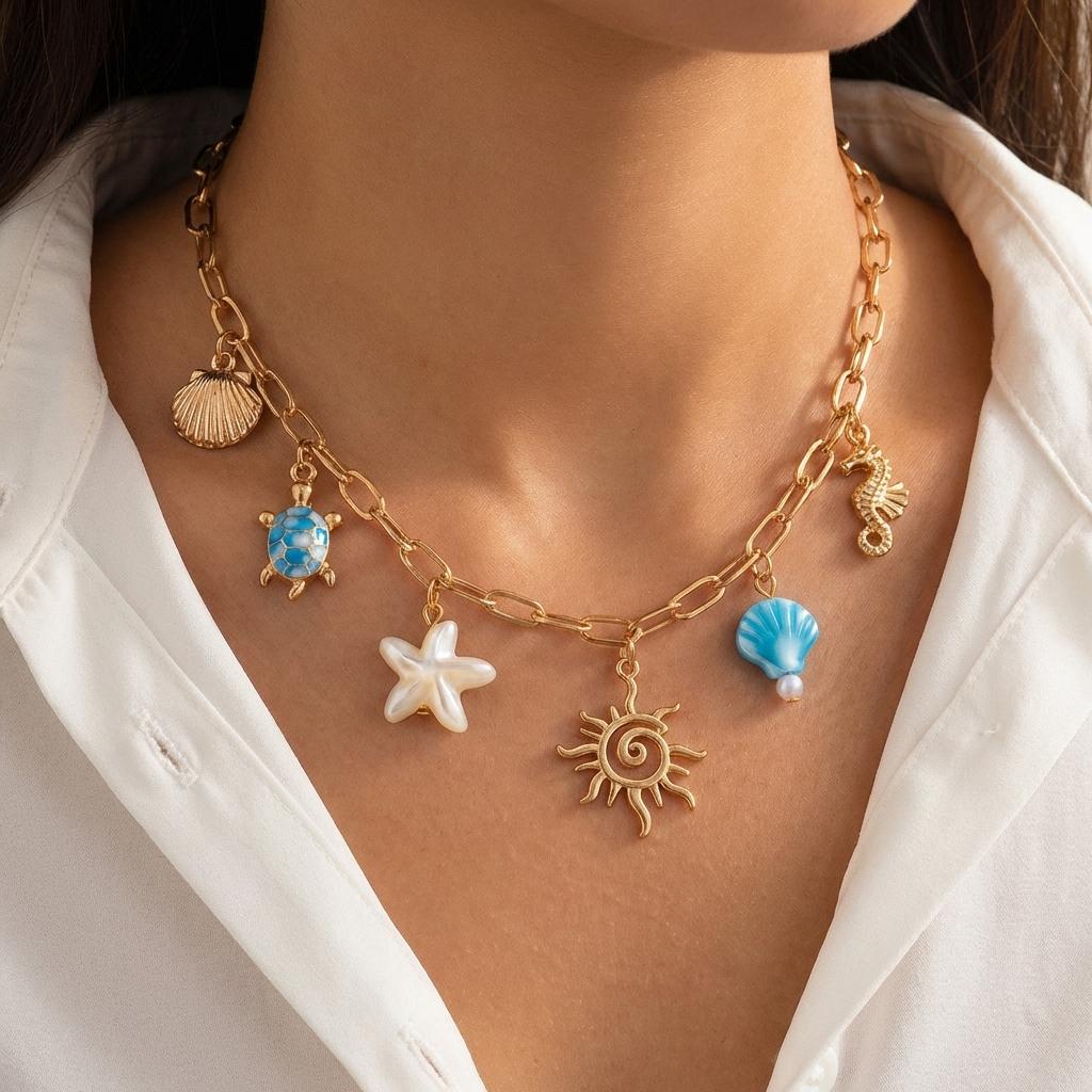 Creative Sun Ocean Animal Pendant Necklace For Women Turtle Starfish Seahorse Multi Element Metal Choker Beach Vacation Jewelry