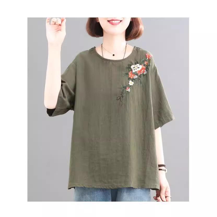 Women's Retro Korean Style Plus Size Embroidered Cotton Linen T-Shirt