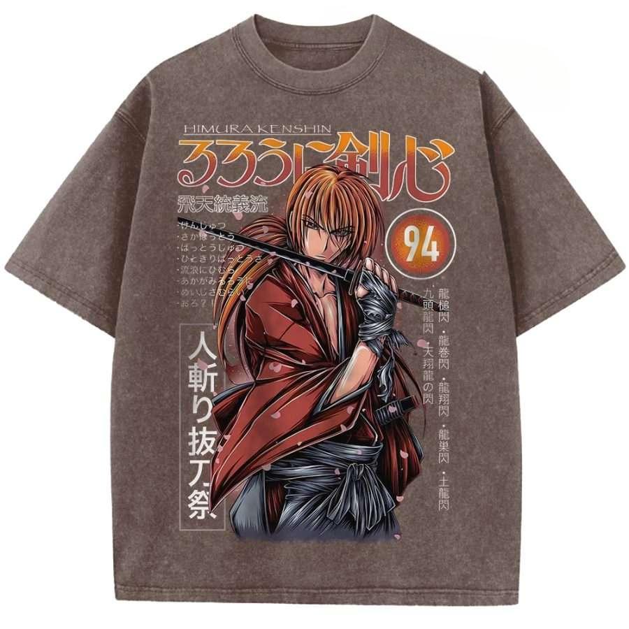 

Hot Anime Rurouni Kenshin Himura Kenshin Print T-shirt Men Women Tshirts Cotton Clothing Retro Washed T Shirt Harajuku Male Tops XXL коричневий