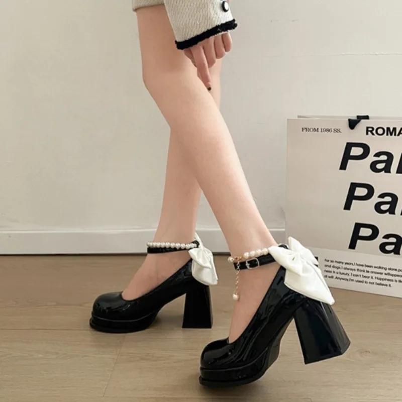 Butterfly-knot Square Toe Mary Janes Buckle Strap High Heel Square Heel Shoes Female 2025 Hot Sale Spring/autumn Sweet Pumps