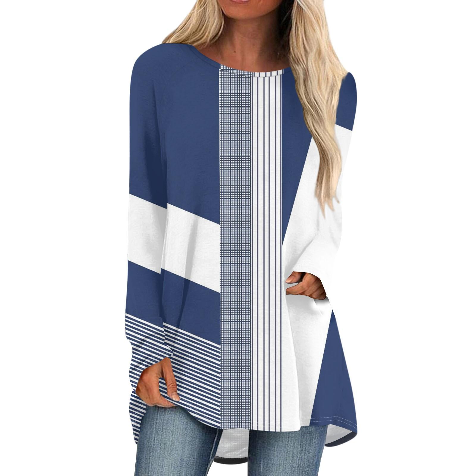 

Женская осенне-зимняя повседневная длинная свободная футболка с длинными рукавами и круглым вырезом L синий