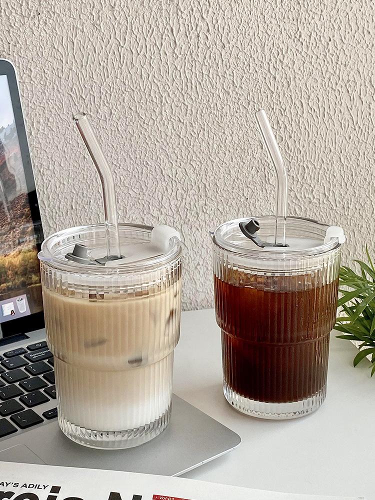 450ML Stripe Glass Coffee Cup With Lid and Straw Transparent Drinking Glasses for Juice Milk Tea Cups Iced Coffee Mugs Drinkware
