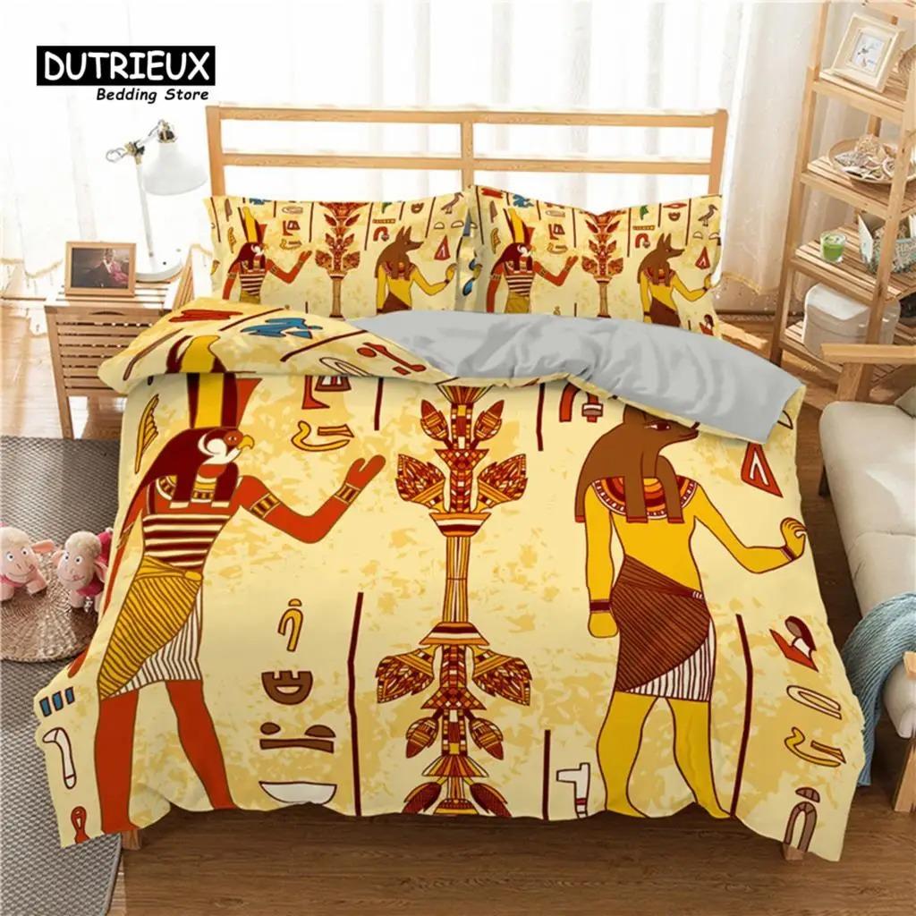Egyptian Bedding Set Exotic Tribal Retro Theme Ancient Egypt Civilization Characters Duvet Cover Boho Animals Floral Pillowcases