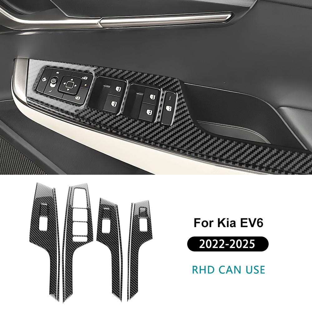 Für Kia EV6 GT EV 2022 2023 2024 2025 Echter weicher Karbonfaser-Aufkleber LHD RHD Auto-Fensterheber-Knopf Dekorrahmen Innenausstattung