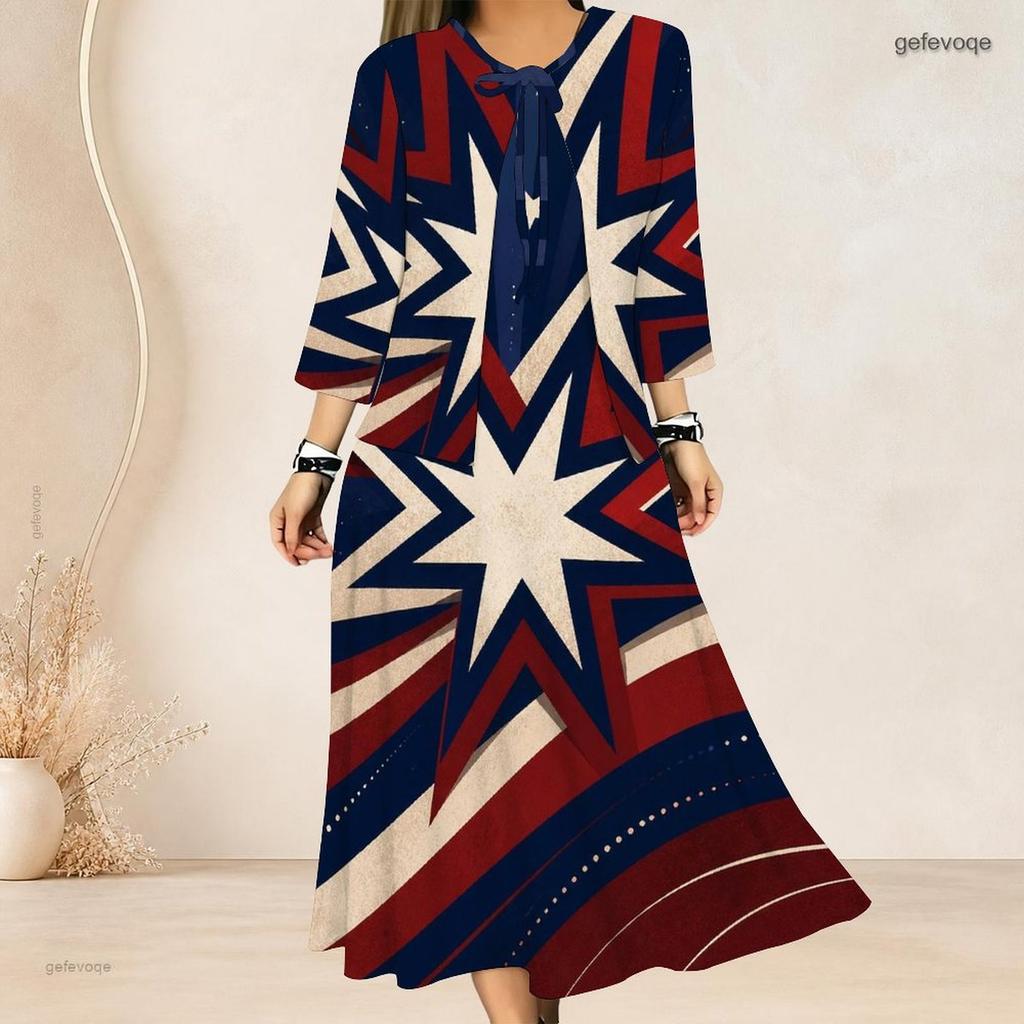 Women Plus Size Two Piece Outfit Three Quarter Sleeve Cardigan Sleeveless Star Stripe Printed White Long Dress