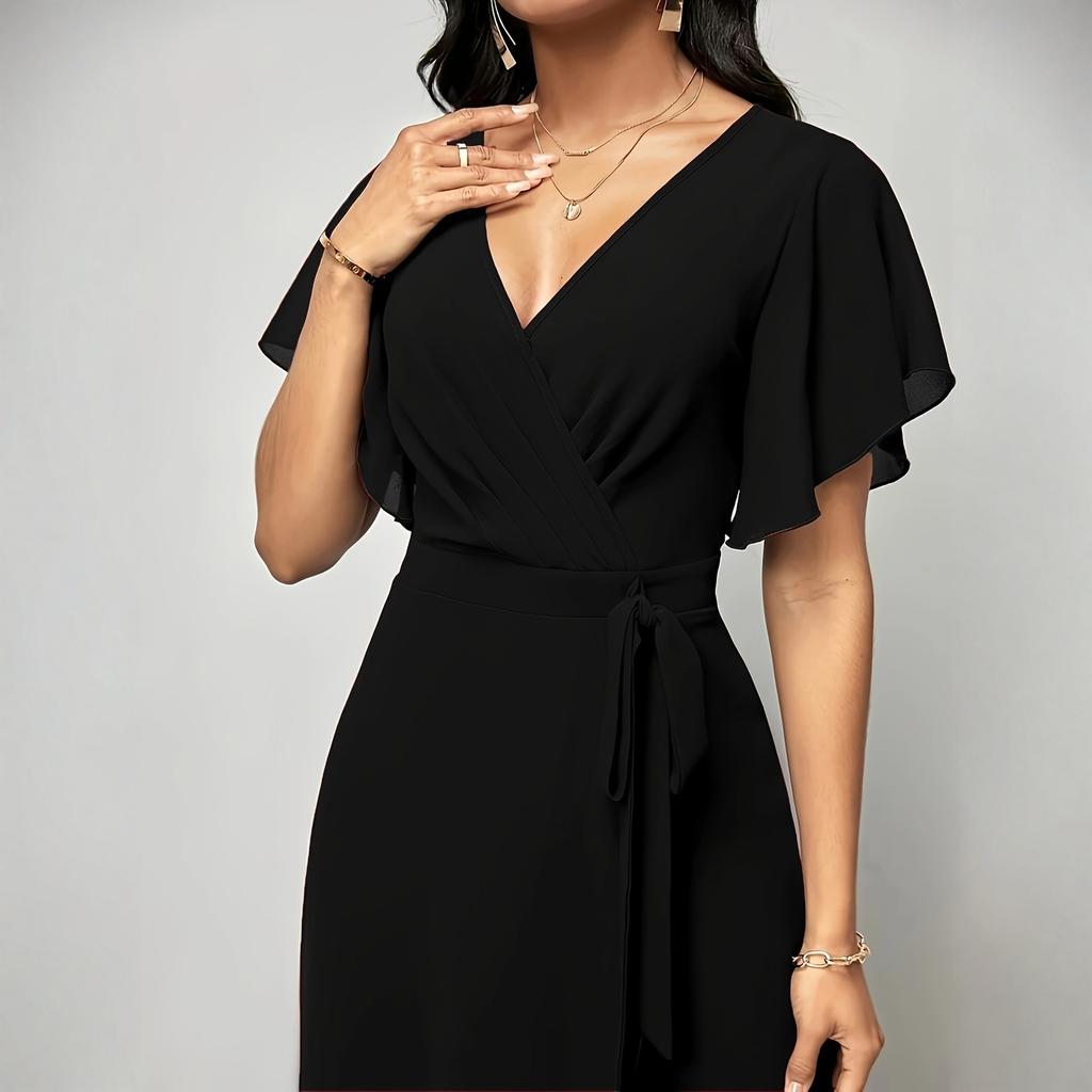 Macacão Feminino Decote V Cintura Marcada Fashion Calças de Perna Larga