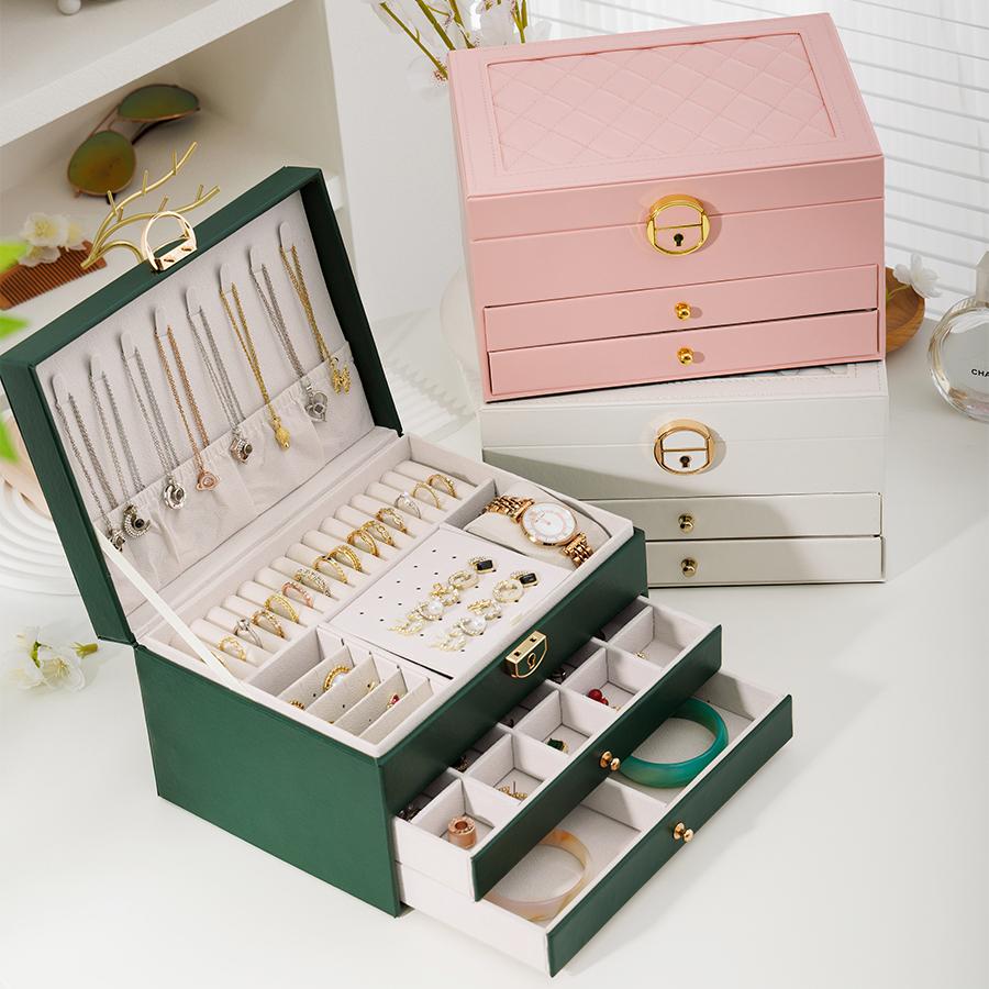 1PC, rhomboid round lock three-layer leather jewelry storage box with lock