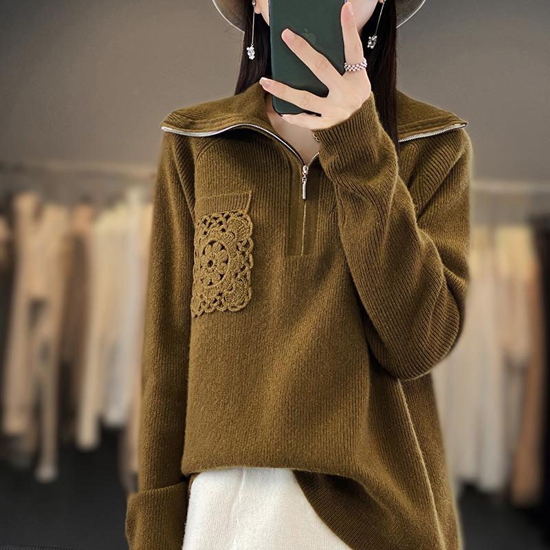 Women's Loose Cashmere Half-Patchwork Zipper Sweater - Autumn/Winter 23 Style