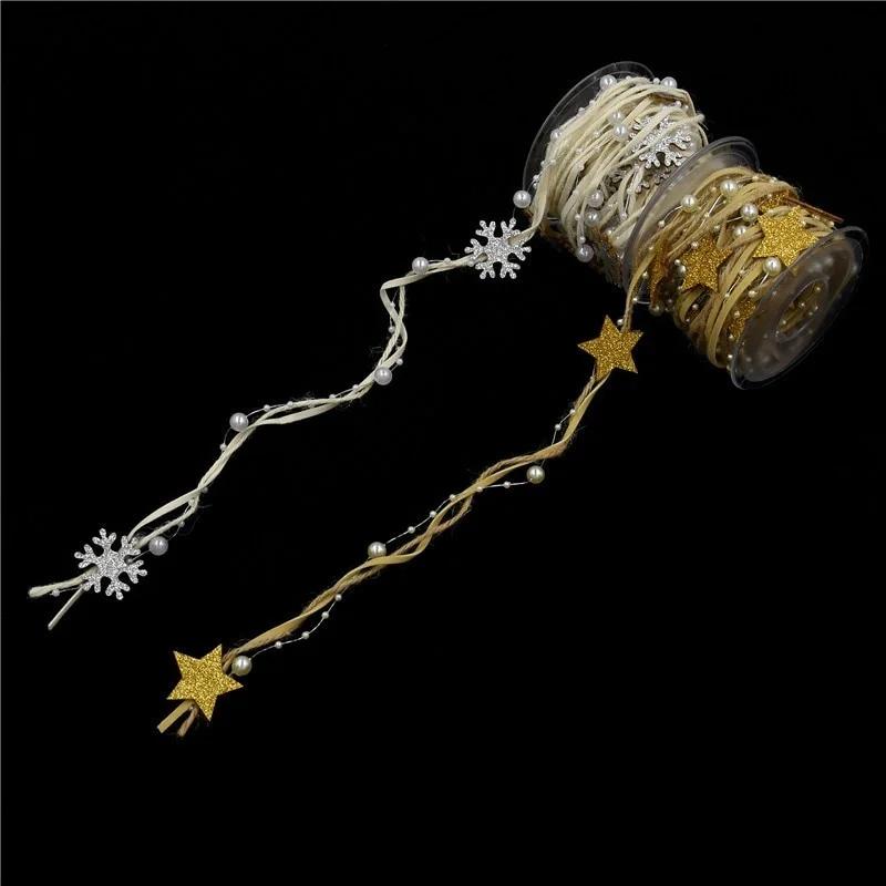2m/5m Christmas Ribbon Decoration Pentagram Bead Chain Ribbon Christmas Tree DIY Decor Home Ornaments New Year Gift