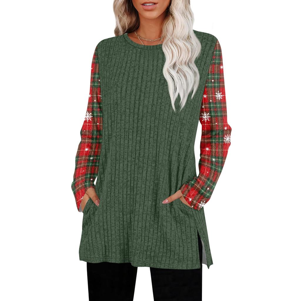 Women's Striped Printed Round-neck Long-sleeved Top With Pockets And Side Slits