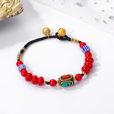 Ethnic Style Hand-woven Retro Color Beaded Bracelet Tibetan Pure Copper Bracelet Bell Antique Hand Rope Women's Jewelry