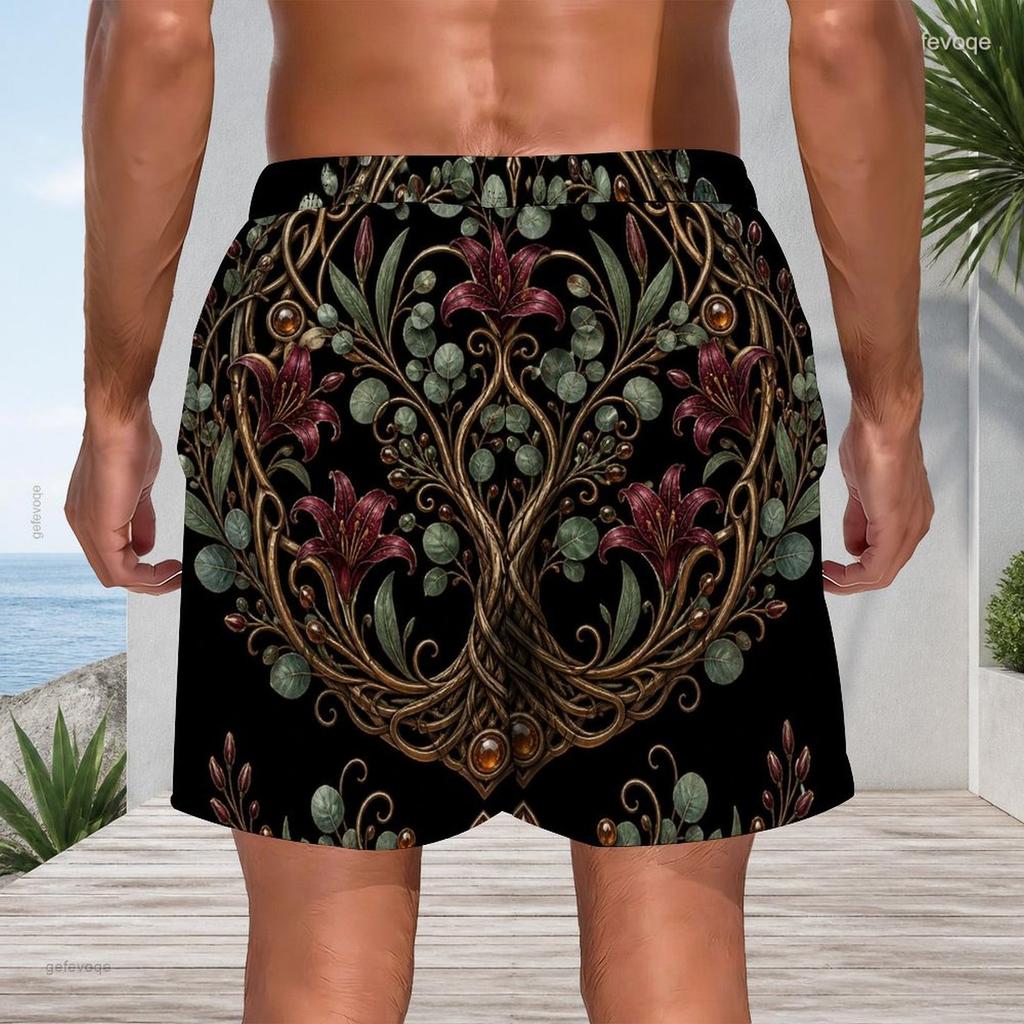 Mens Plus Size Beach Shorts Luxury Glitter Gold Dark Green Swirl Print Casual Drawstring Quick Dry Shorts For Summer Swimming Surfing Beach Holiday