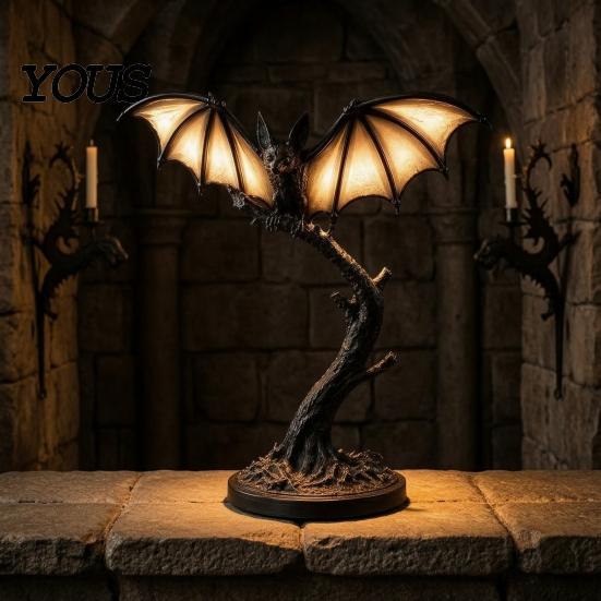 Gothic Resin Table Lamps Bat Tree Branch Night Light, Halloween Tabletop Decor Lamp Indoor Decorative Lighting with Warm Glow, Spooky Desk Ornament