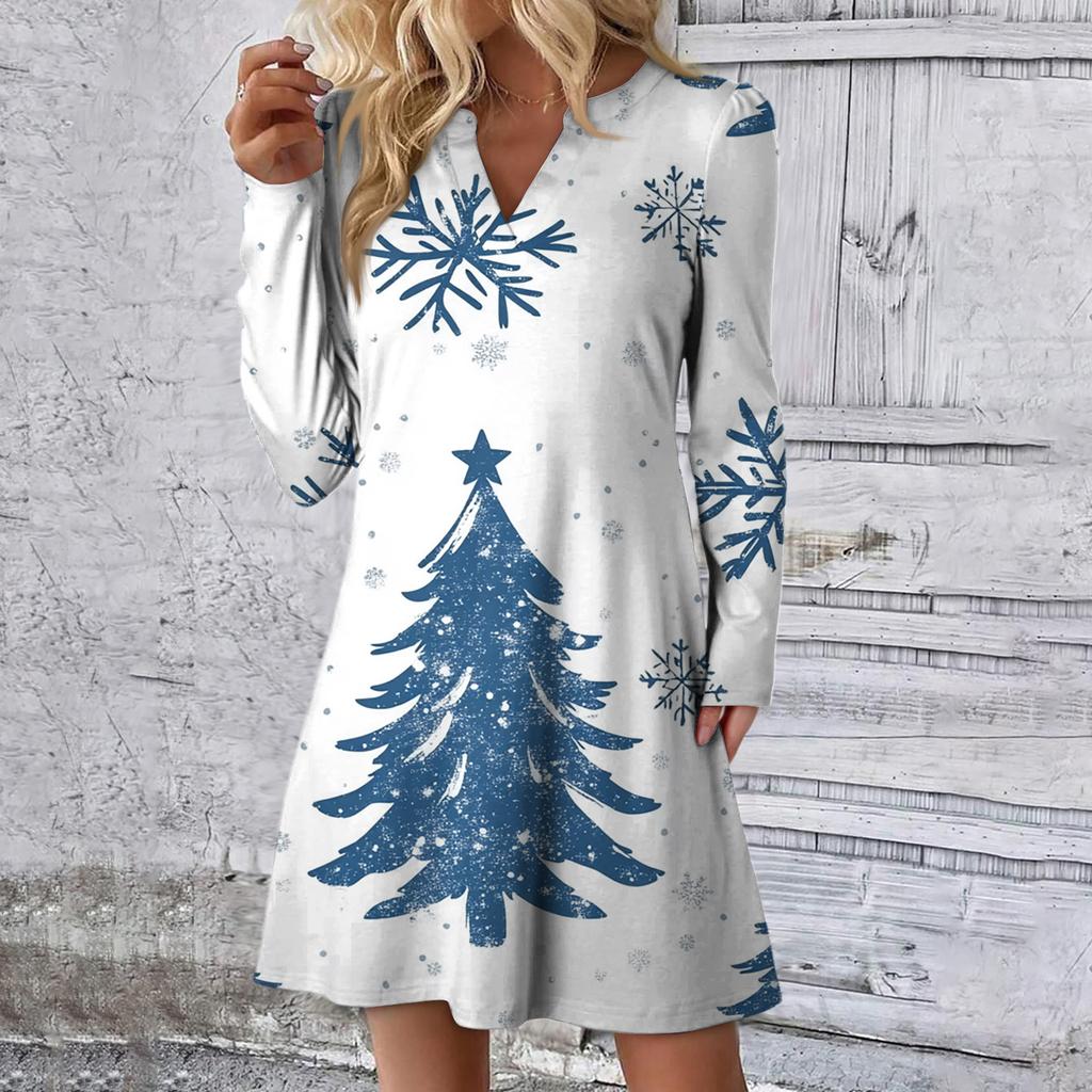 Women's Christmas Printed Dress Loose V-neck Casual Long Sleeved Dress