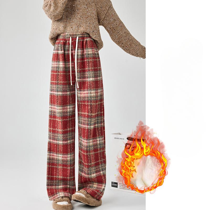 Plaid Pants for Women's Spring and Autumn New High-waist Draped Straight-leg Casual Small Retro Wool Wide-leg Pants