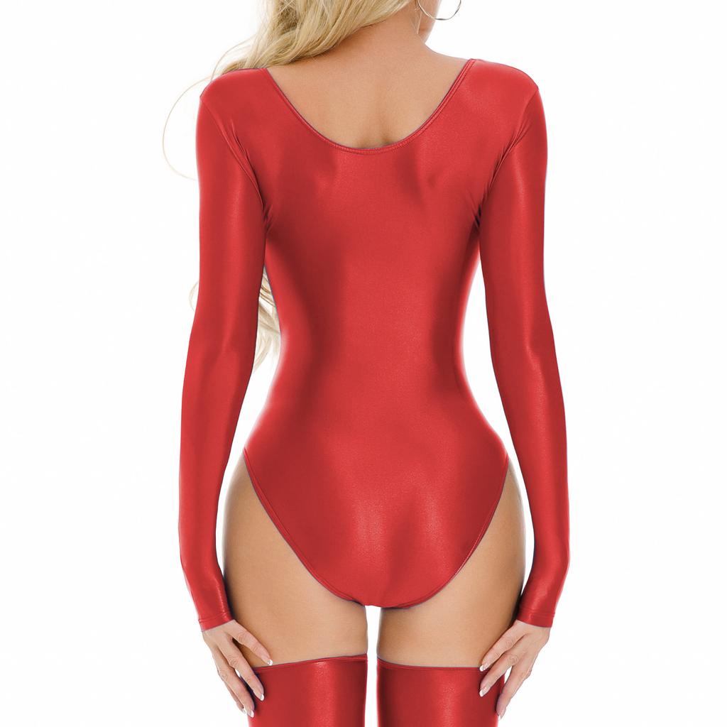 Leotardo Bodysuit Lencería Ropa de Dormir Ropa para Gimnasio de Mujer Cuello Redondo Manga Larga Brillante Elástico
