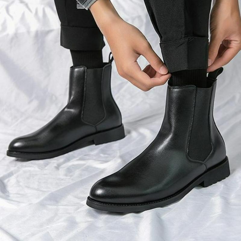 Classic Men Chelsea Boots Pointed Toe Ankle Boots British Style Business Dress Shoes Casual Boots High Top Slip on Leather Shoes