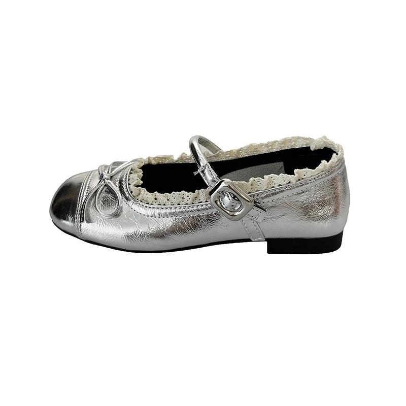 

Fashion 2025 Women s Mary Jane Shoes Ballet Flats Female Bow Pu Leather Shoes Round Toe Flat Women Plus Size Shallow Mouth Shoes 40 серебряный