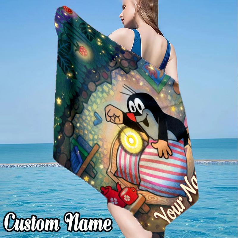 Custom Name Little Mole Beach Towel - Soft, Ultra-Absorbent Microfiber, Lightweight, Perfect for Beach, Parties, Travel, Camping