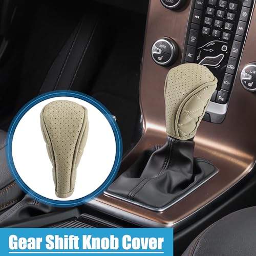 A ABSOPRO Car Shift Knob Cover for Universal Vehicles Interior Shift Gear Cover Trim Accessories Zipper Style Decorative Artificial Leather Beige