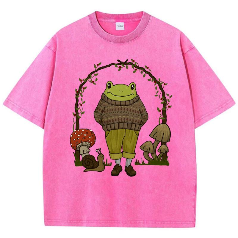 Vintage Frog Mushroom Print Woman Washed T-Shirts Breathable Cotton T-Shirt Casual Short Sleeve Summer Oversized